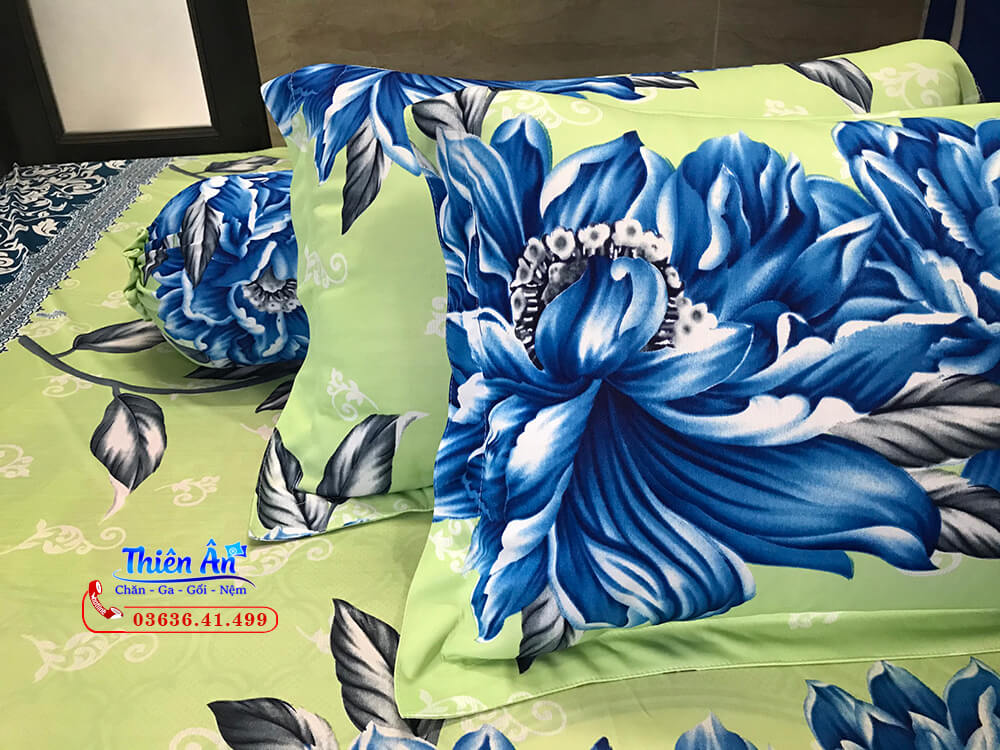 Bộ drap thun lạnh Hàn Quốc hoa in xanh